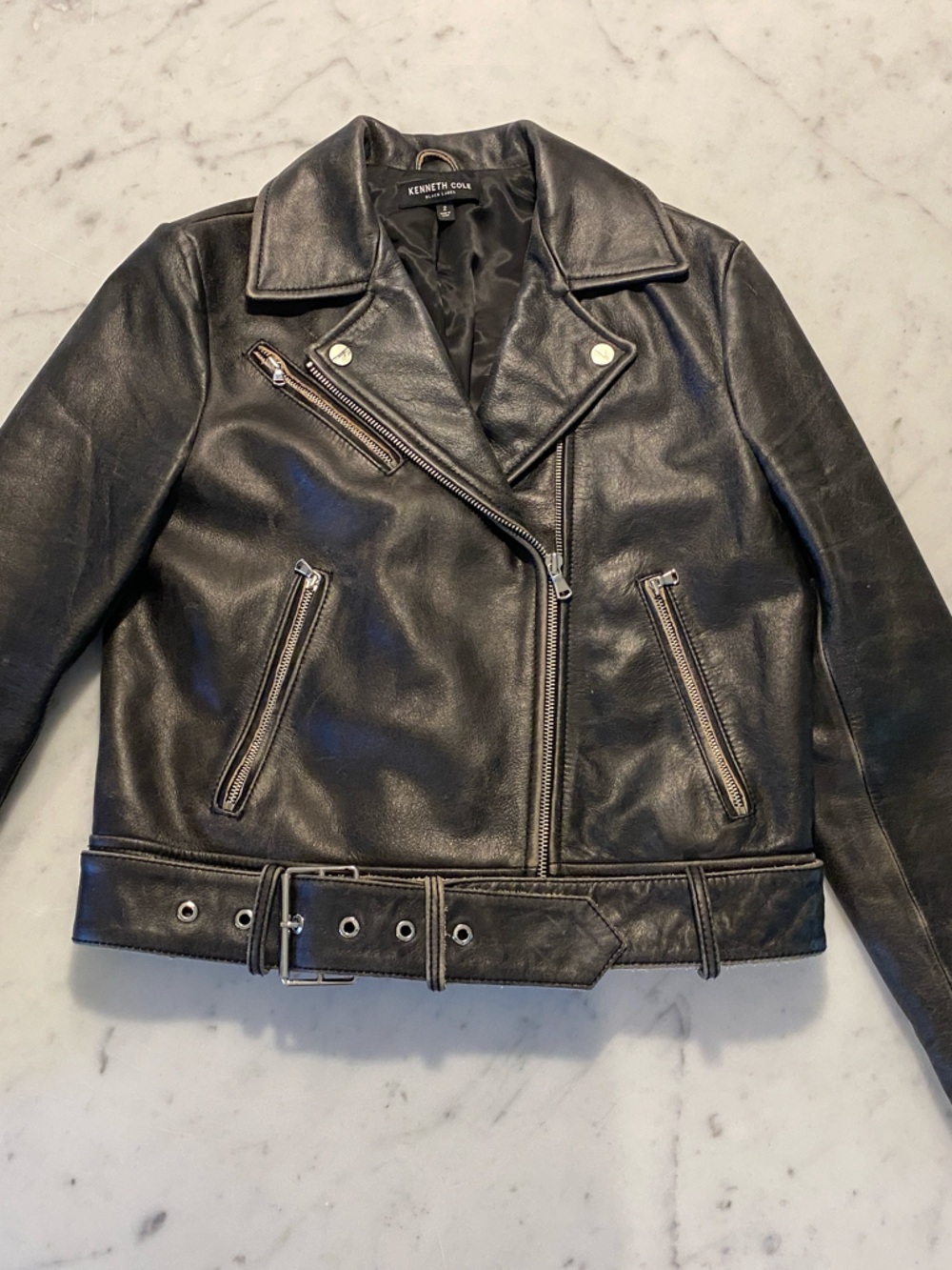 Kenneth Cole Women's Genuine Black Leather Belted Moto Jacket